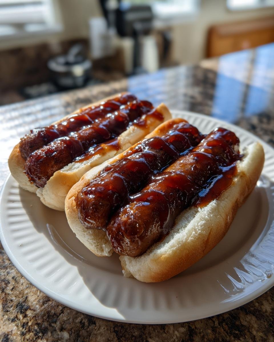 Two servings of Sticky Finger Hot Dogs featuring sausages generously coated in a dark, glossy sauce on white buns.