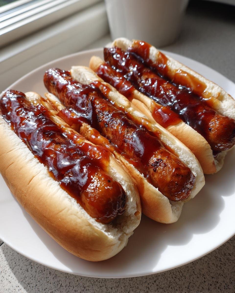 Close-up of three delicious Sticky Finger Hot Dogs served in soft buns and generously topped with a thick, glossy barbecue glaze.