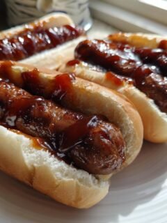 Three delicious Sticky Finger Hot Dogs served in soft buns, generously covered in a thick, glossy barbecue-style glaze.