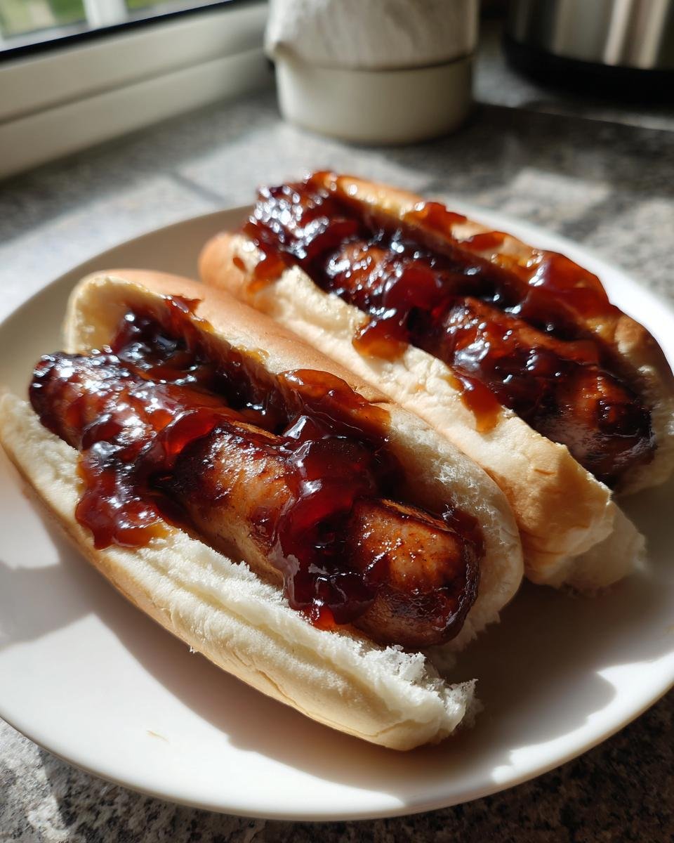 Two delicious Sticky Finger Hot Dogs served in soft buns and generously topped with a dark, glossy glaze.