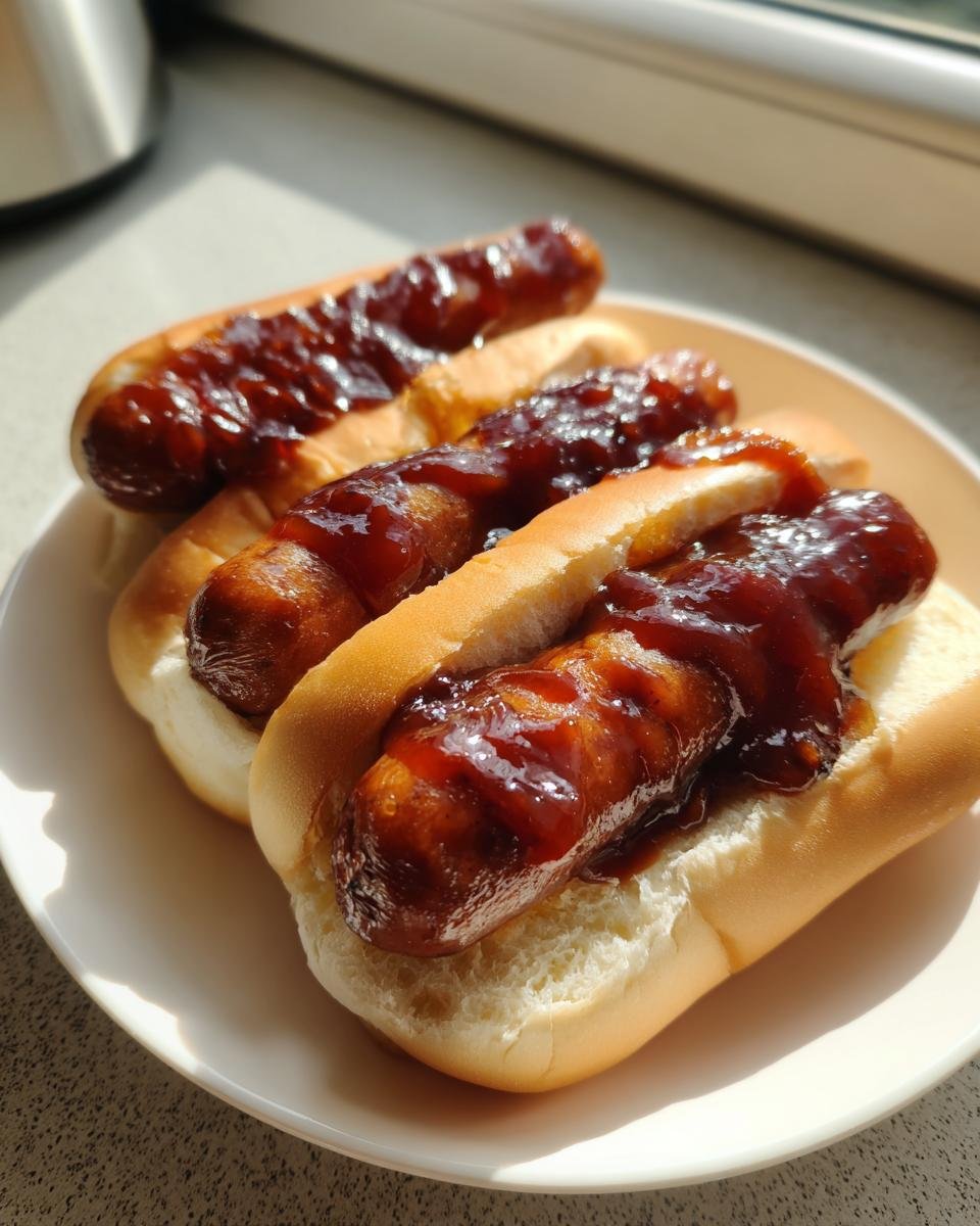 Close-up of three Sticky Finger Hot Dogs served in soft buns and generously topped with a thick, glossy brown sauce.
