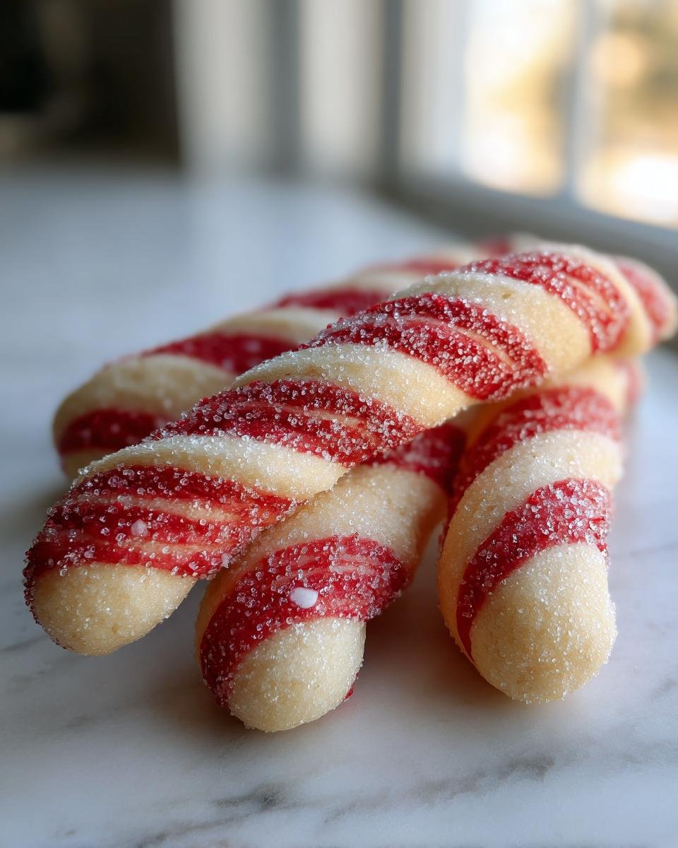 A close-up stack of freshly baked Candy Cane Cookies, featuring red and white stripes and a sparkling sugar coating.