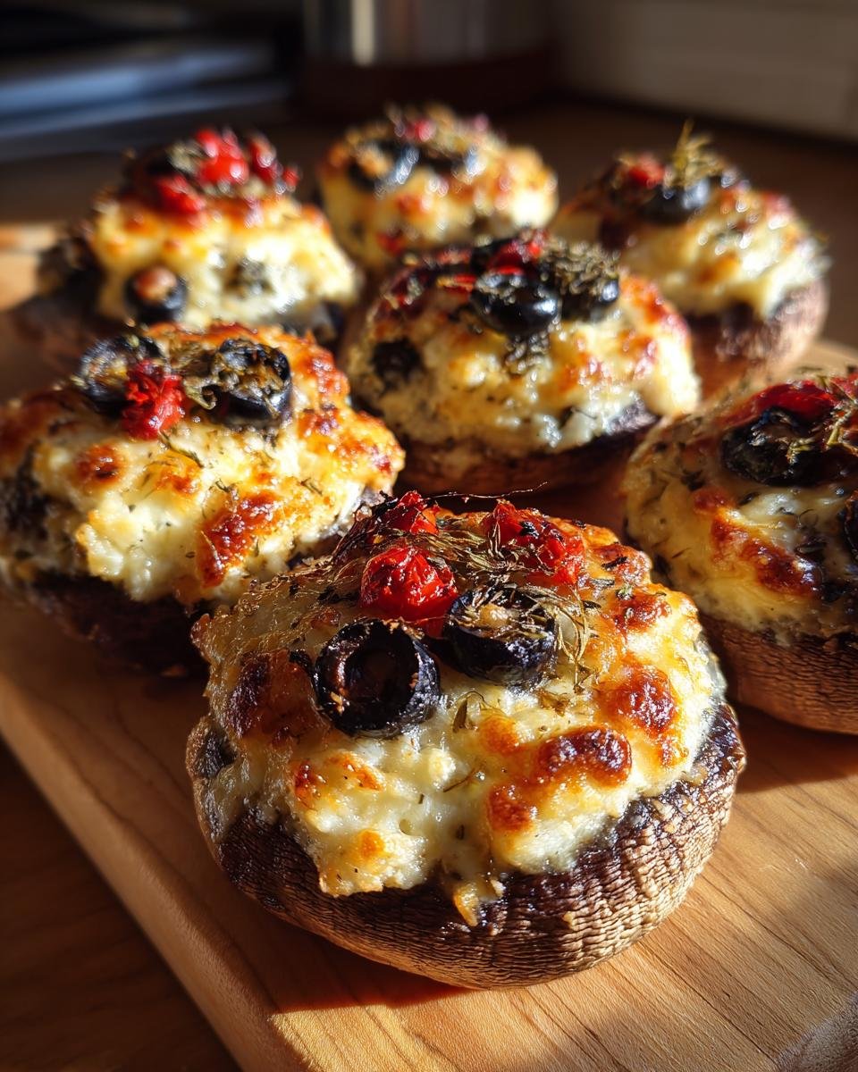 Close-up of baked Stuffed Mushroom Eyeballs topped with melted cheese, olives, and tomatoes.