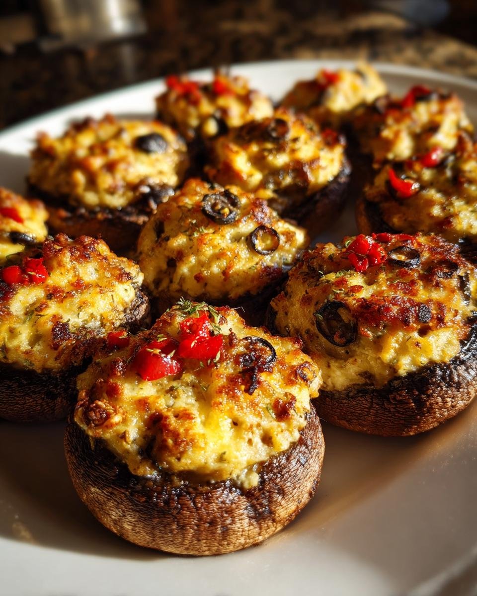A plate of golden-brown Stuffed Mushroom Eyeballs topped with melted cheese, red peppers, and black olives.