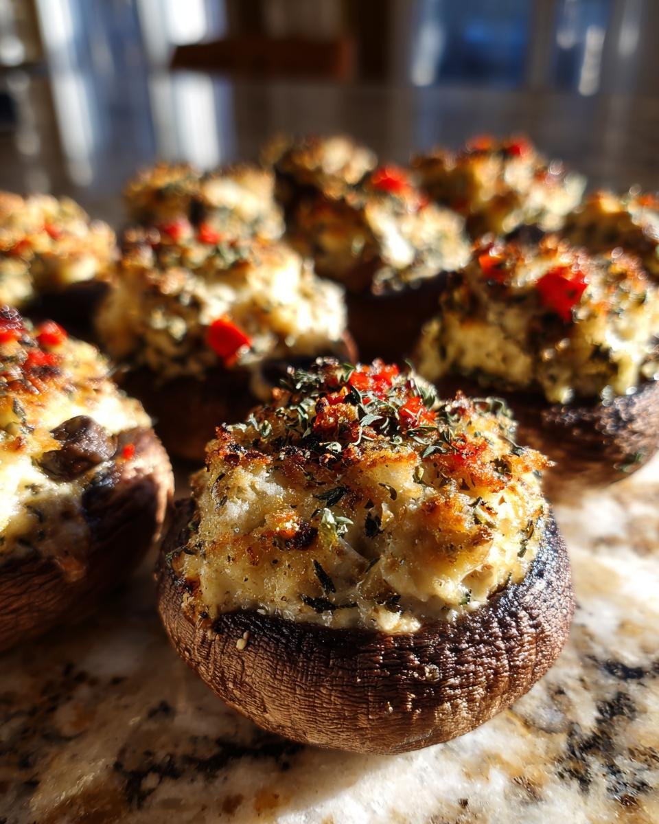 A close-up of freshly baked Stuffed Mushroom Eyeballs topped with herbs and red pepper flakes.