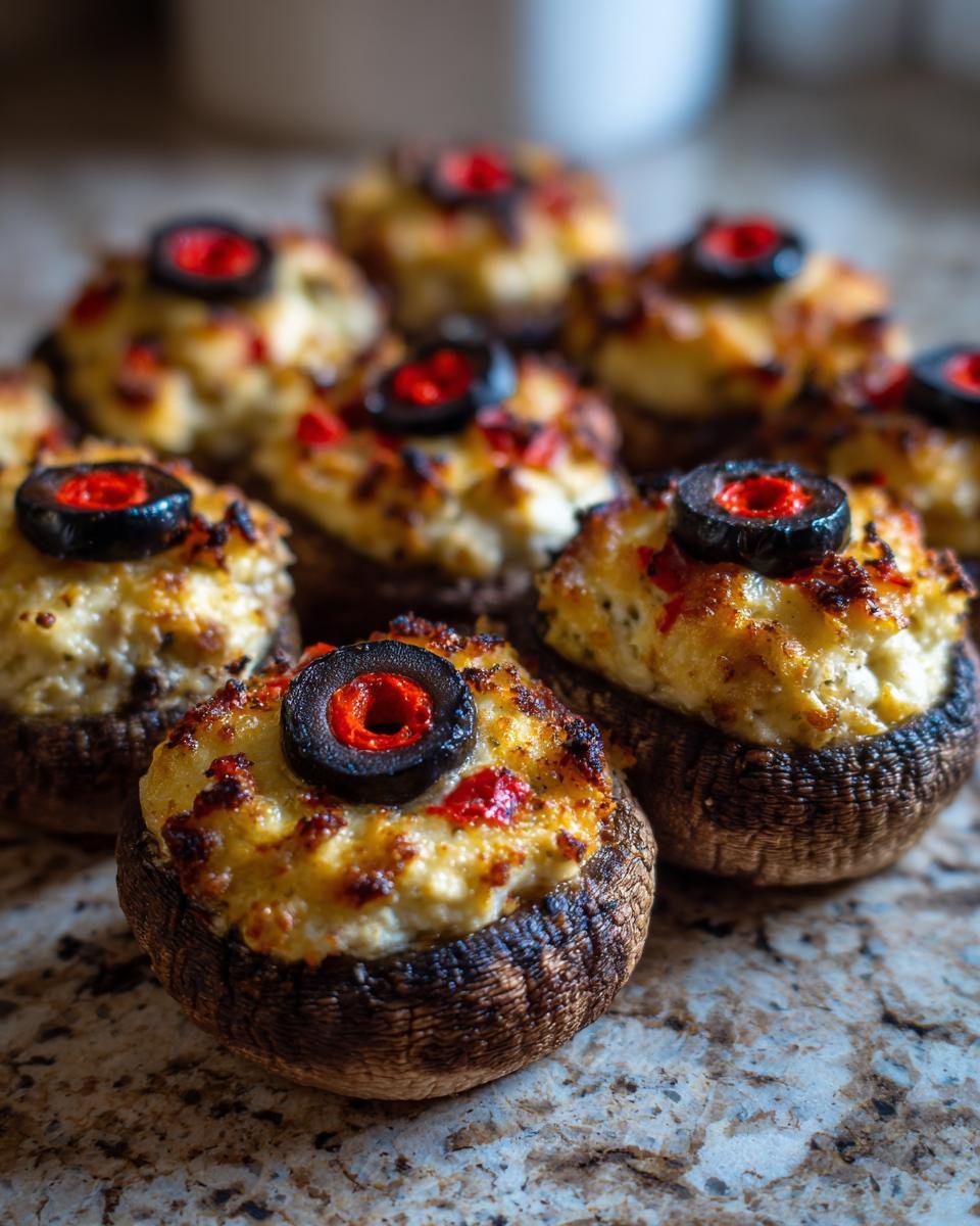 Close-up of several baked Stuffed Mushroom Eyeballs topped with cheese filling and a black olive slice.