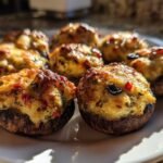 Close-up of several golden-brown Stuffed Mushroom Eyeballs, featuring a cheesy, herbed filling baked until bubbly.