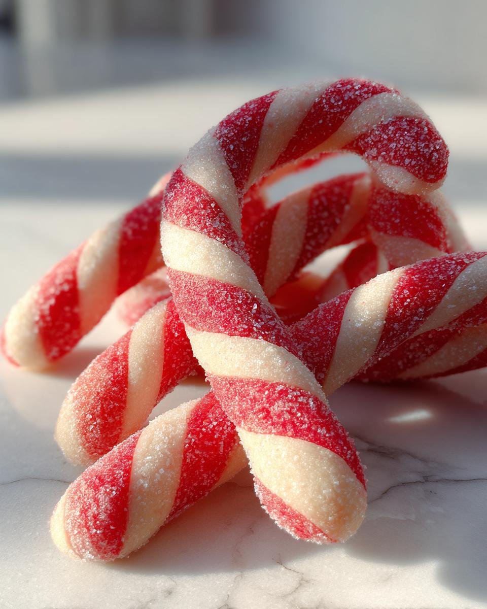 Close-up of several sugared, red and white striped Candy Cane Cookies stacked on a white surface.