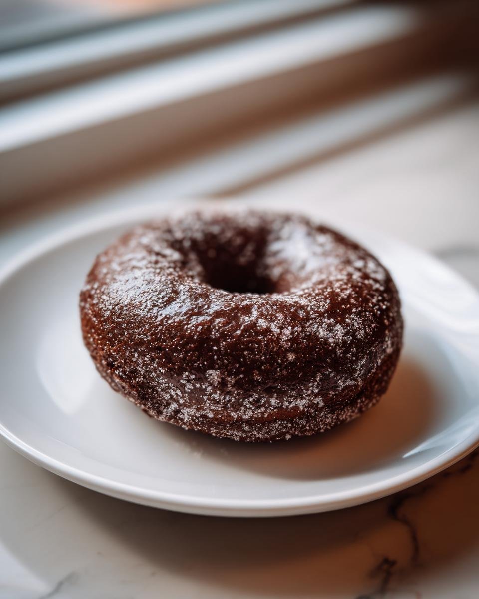 A single, dark chocolate doughnut dusted heavily with granulated sugar sits on a white plate.