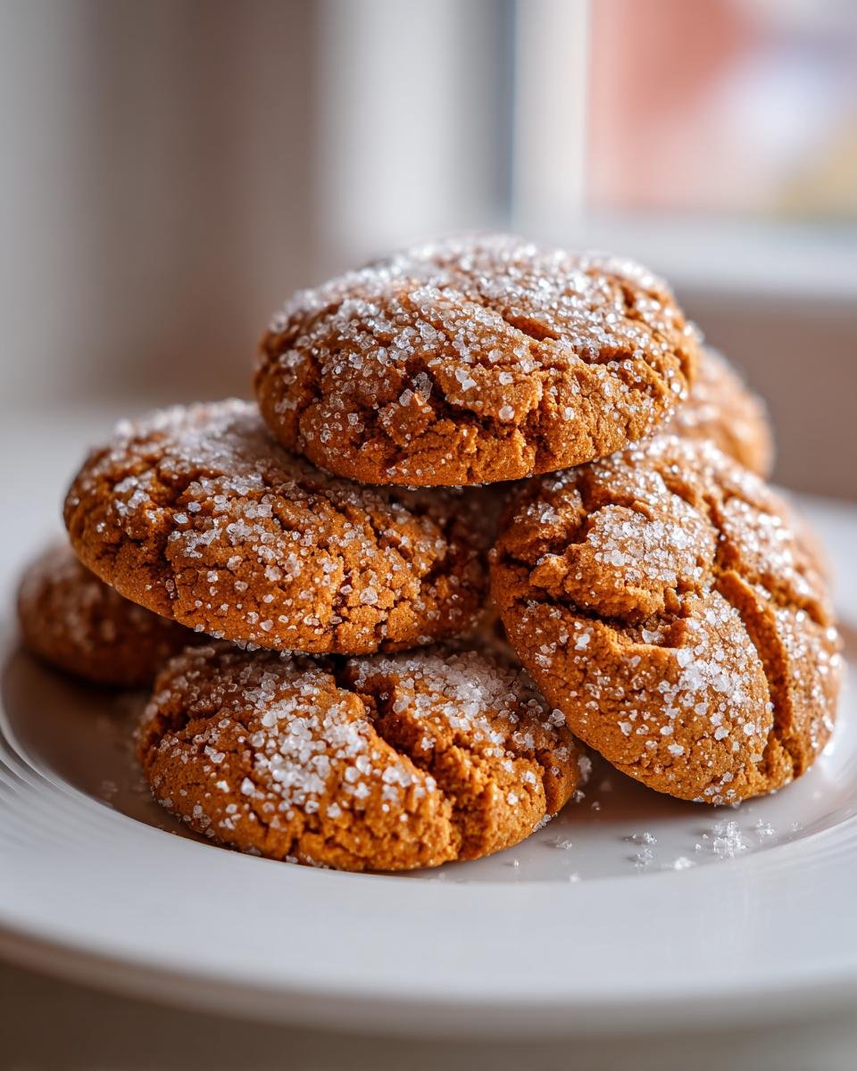 A stack of soft, crinkled Pumpkin Pie Cookies generously coated in sparkling granulated sugar.