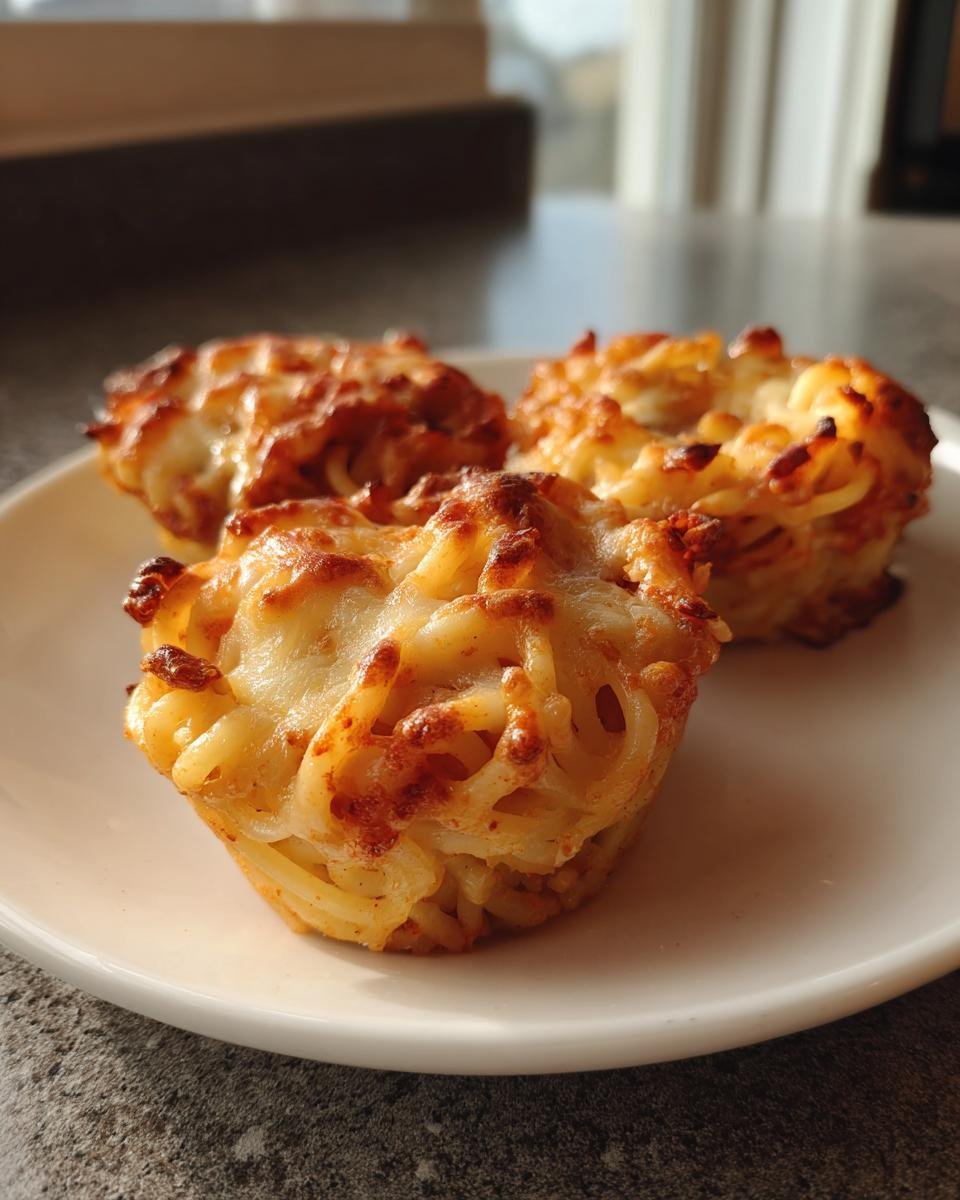 Three golden-brown Spaghetti Worm Cups topped with melted, slightly browned cheese served on a white plate.