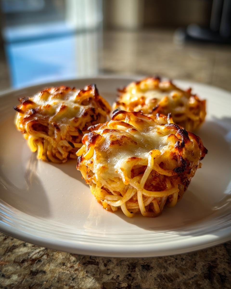 Three golden-brown Spaghetti Worm Cups topped with bubbly, melted cheese served on a white plate.