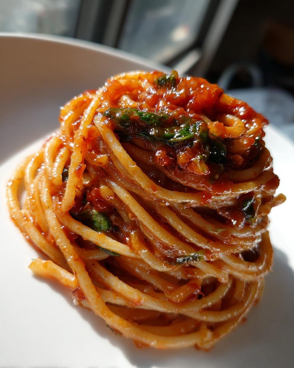 A tightly twirled mound of spaghetti coated in rich Tomato Pasta sauce and topped with fresh basil.