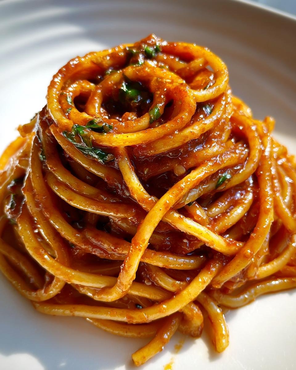 Close-up of a perfectly twirled mound of spaghetti coated in rich sauce for the Tomato Pasta recipe.