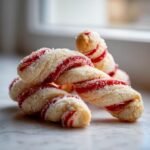 A stack of freshly baked, twisted Candy Cane Cookies featuring red stripes and a sparkling sugar coating.
