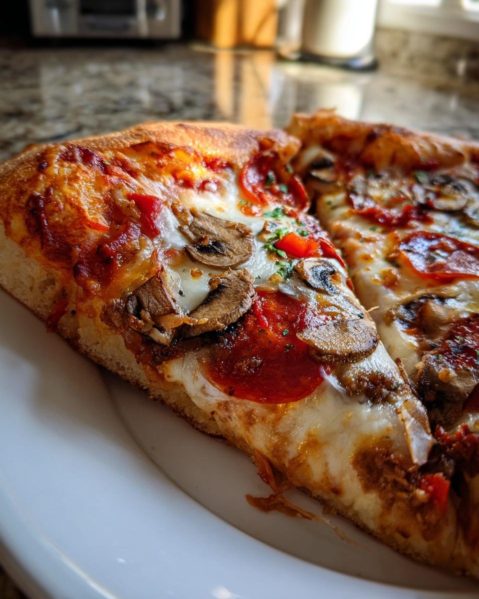 Close-up of a thick slice of Ultimate Monster Pizza topped with melted cheese, pepperoni, and mushrooms.
