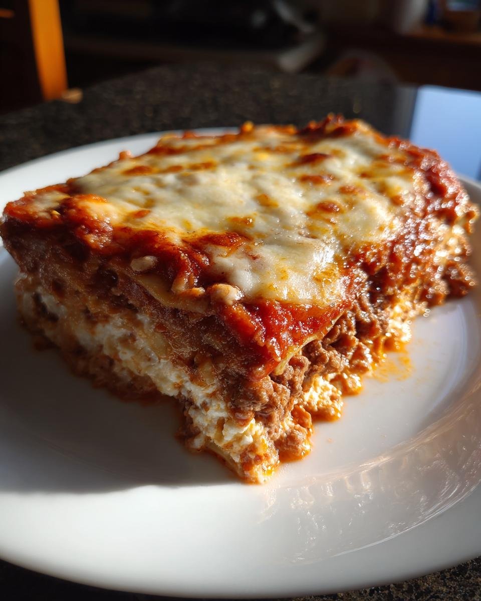 A hearty, layered slice of Vampire Lasagna featuring rich meat sauce and melted mozzarella cheese on a white plate.