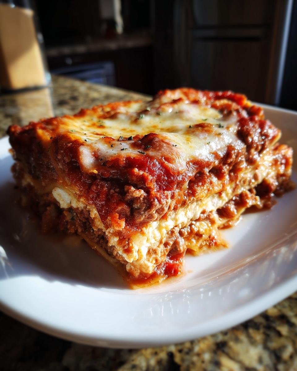 A close-up, sunlit slice of rich Vampire Lasagna showing layers of meat sauce, ricotta, and melted mozzarella cheese.
