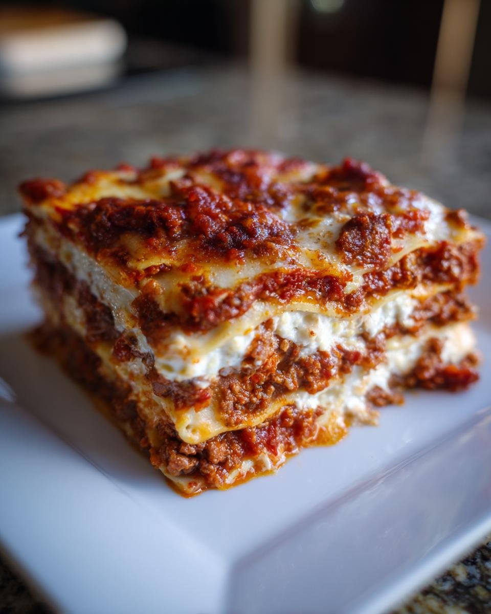 A close-up of a hearty, layered slice of Vampire Lasagna on a white plate.
