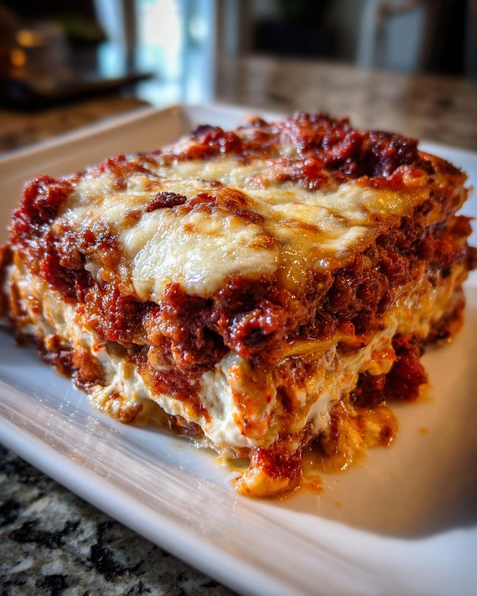 A close-up, decadent slice of Vampire Lasagna featuring layers of pasta, rich red sauce, and melted cheese.