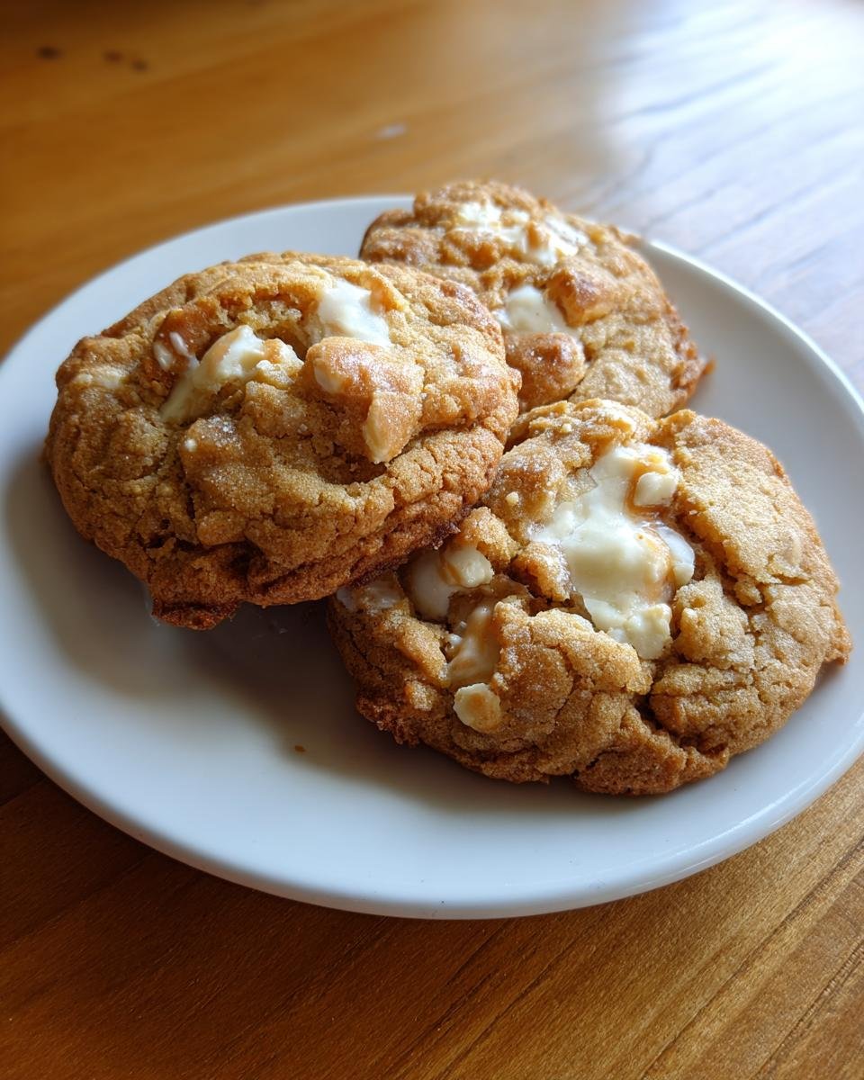 Three freshly baked White Chocolate Maple Cookies with melted white chocolate chunks served on a white plate.