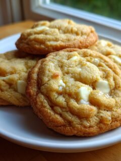Four freshly baked White Chocolate Maple Cookies with visible white chocolate chunks resting on a small white plate.