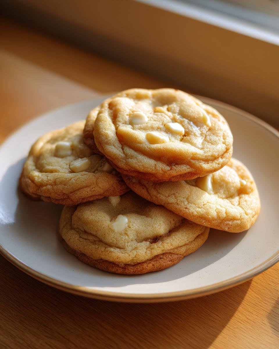 A small stack of chewy White Chocolate Maple Cookies with visible white chocolate chips resting on a light plate.