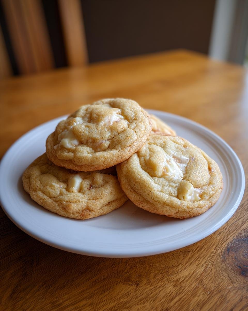 A stack of four soft, golden White Chocolate Maple Cookies with visible melted white chocolate chunks on a white plate.