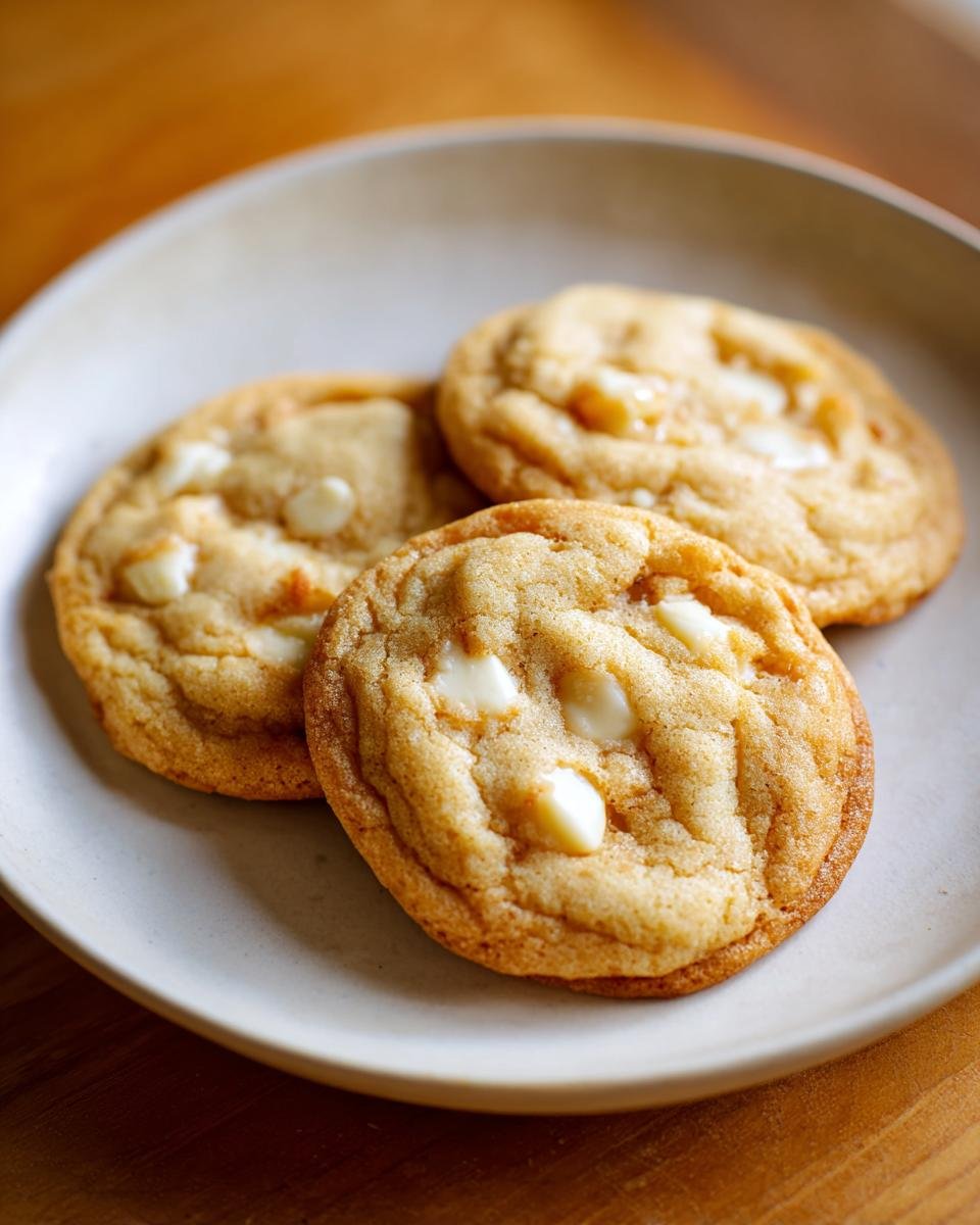 Three freshly baked White Chocolate Maple Cookies with visible white chocolate chips resting on a light ceramic plate.