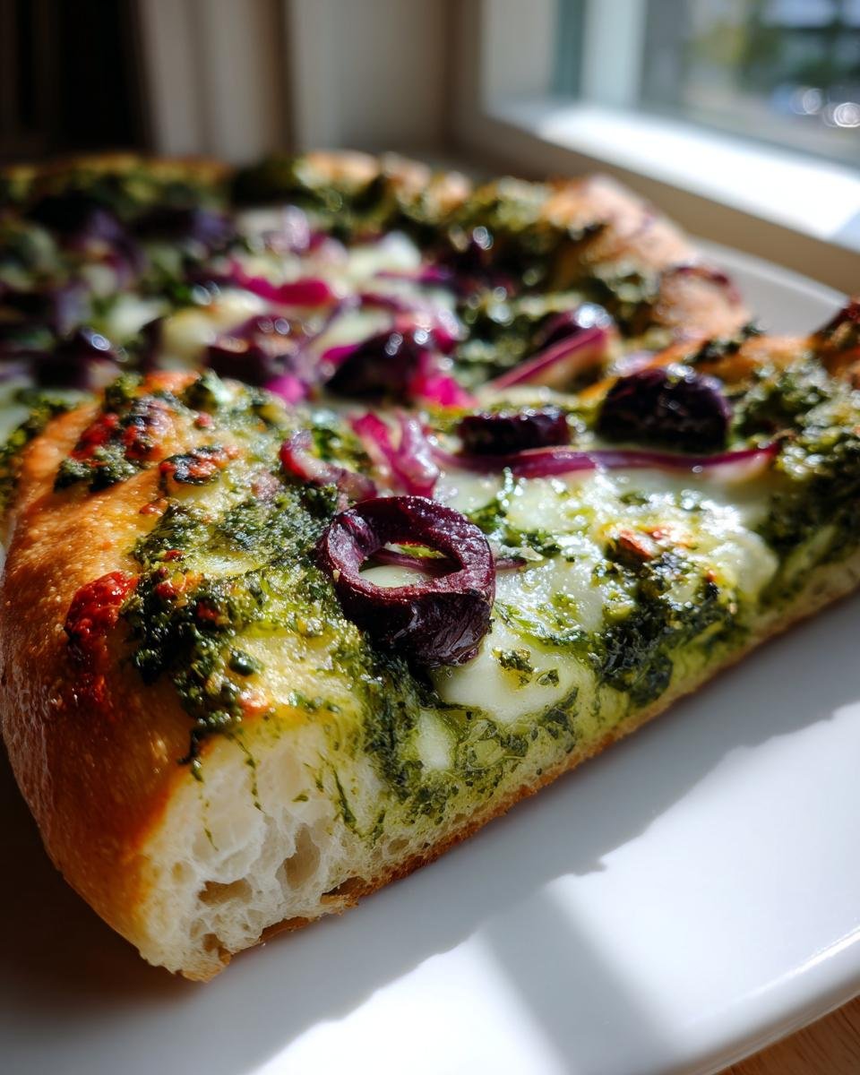 Close-up of a slice of Witch Pesto Pizza showing thick crust, vibrant green pesto, melted cheese, black olives, and red onion.