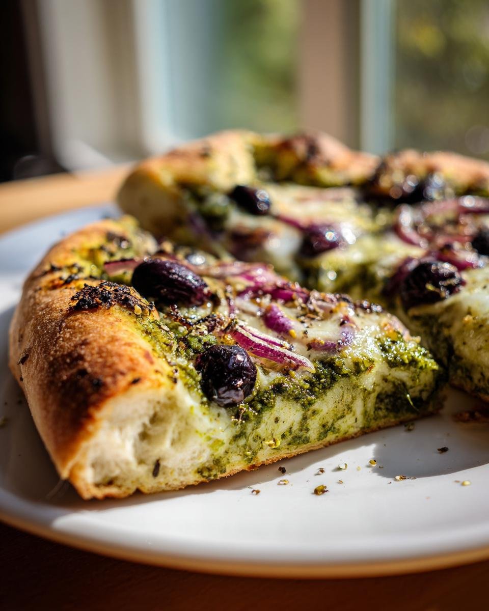 Close-up of a slice of Witch Pesto Pizza showing thick crust, green pesto, black olives, and red onion.