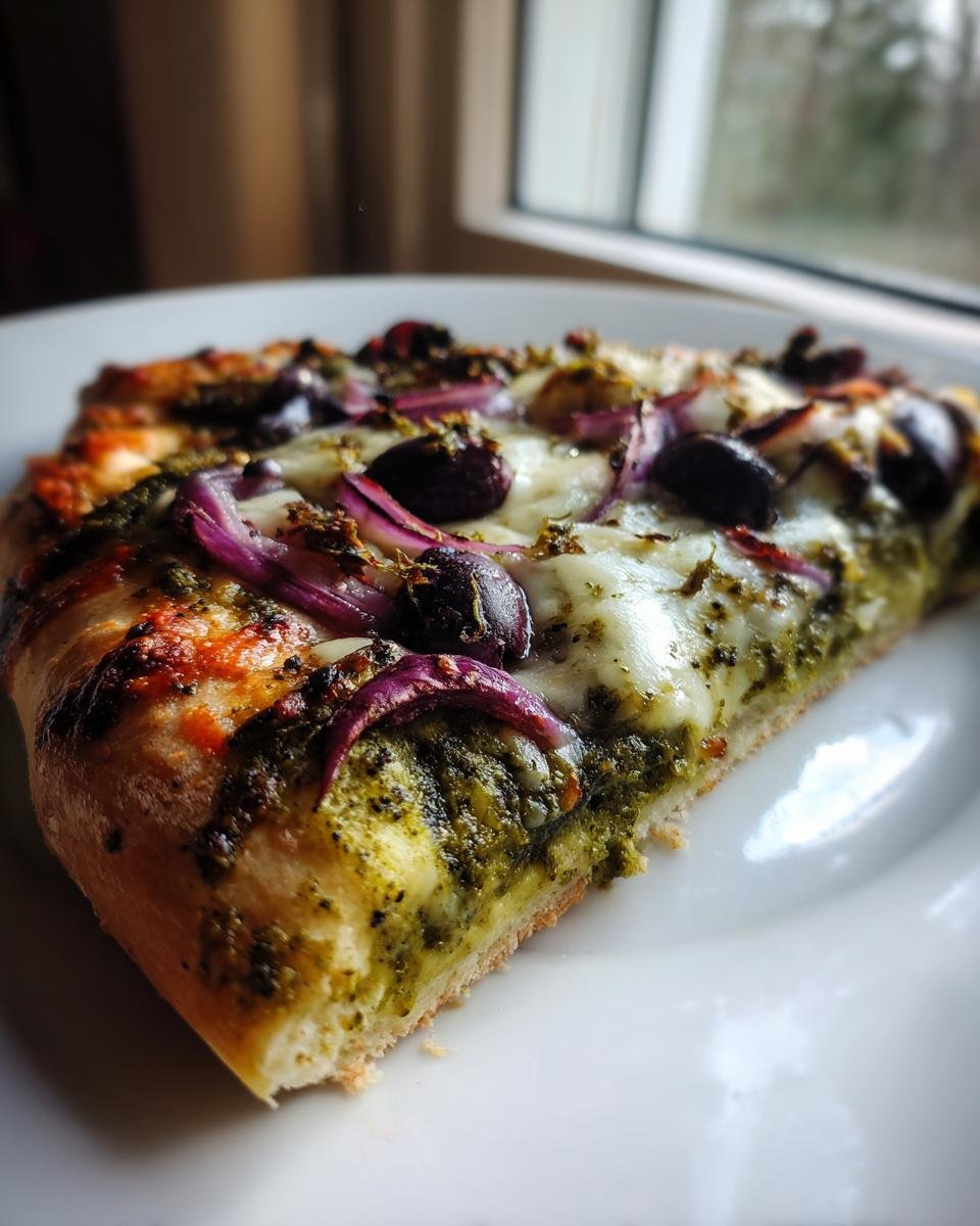 Close-up of a slice of Witch Pesto Pizza topped with melted cheese, black olives, and red onion rings.