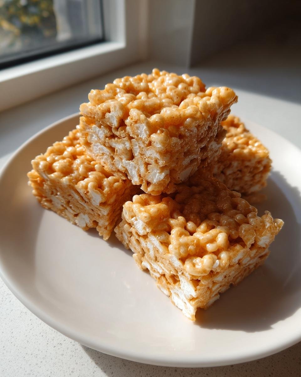 A stack of three gooey, golden Rice Krispie Treats squares resting on a light plate near a window.