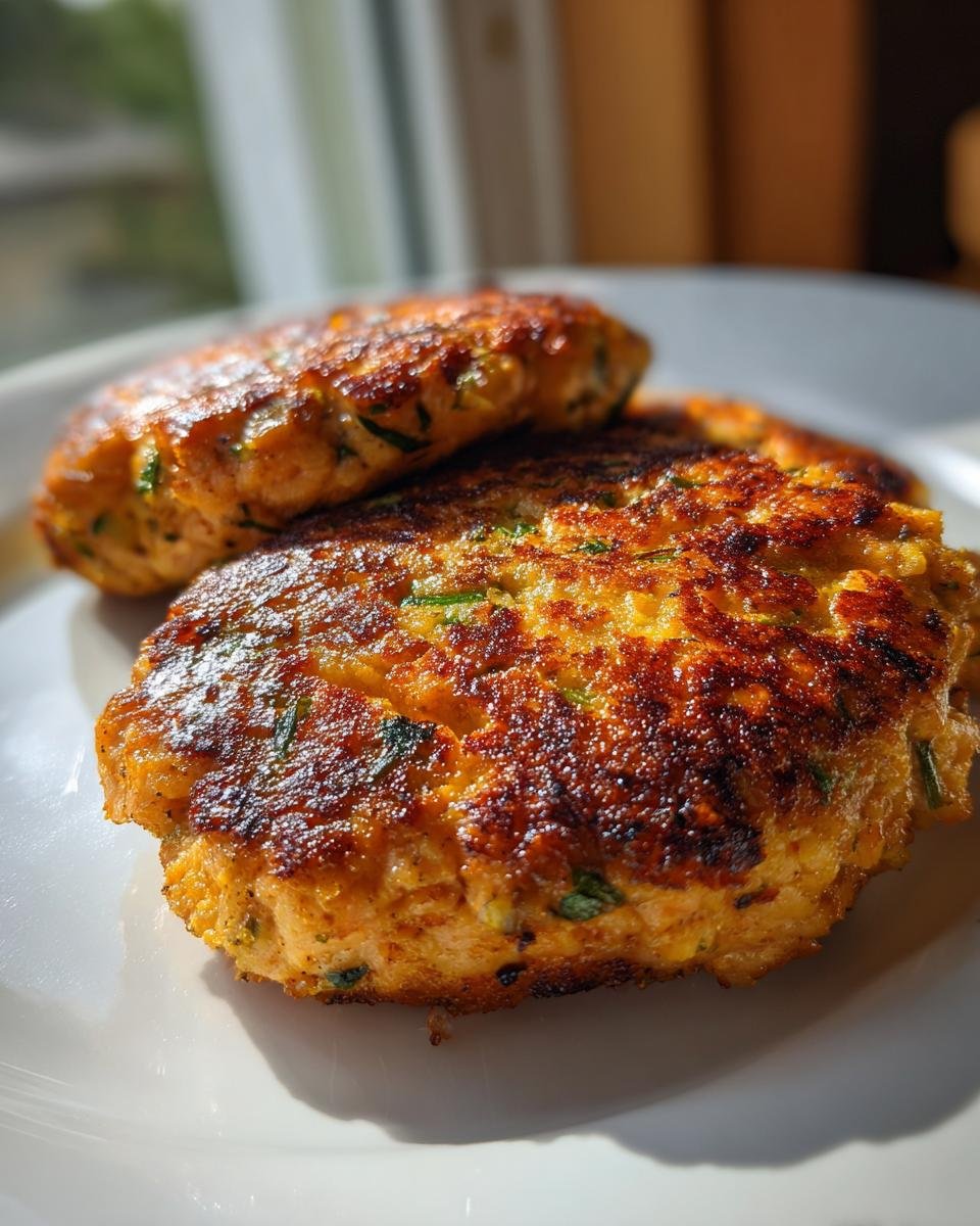 Close-up of two golden-brown, pan-seared Salmon Burgers with visible herbs on a white plate.