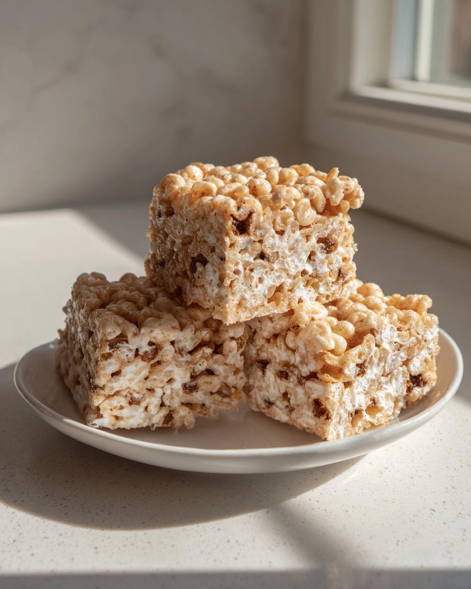 Three thick squares of homemade Rice Krispie Treats stacked on a small white plate, catching sunlight.