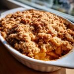 Close-up of a freshly baked Apple Crumble with a thick, golden, crunchy topping in a white oval dish.