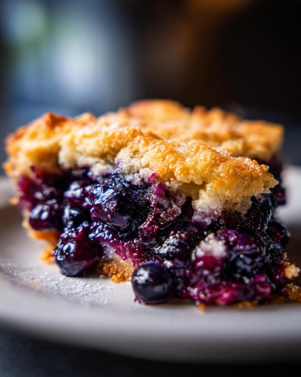A close-up, mouthwatering shot of a slice of rich Blueberry Cobbler with a golden, crumbly topping.