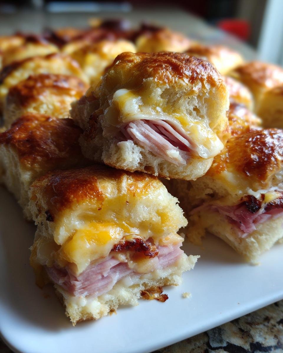 Close-up of cheesy, baked Club Sliders filled with ham, showing melted cheese oozing out.