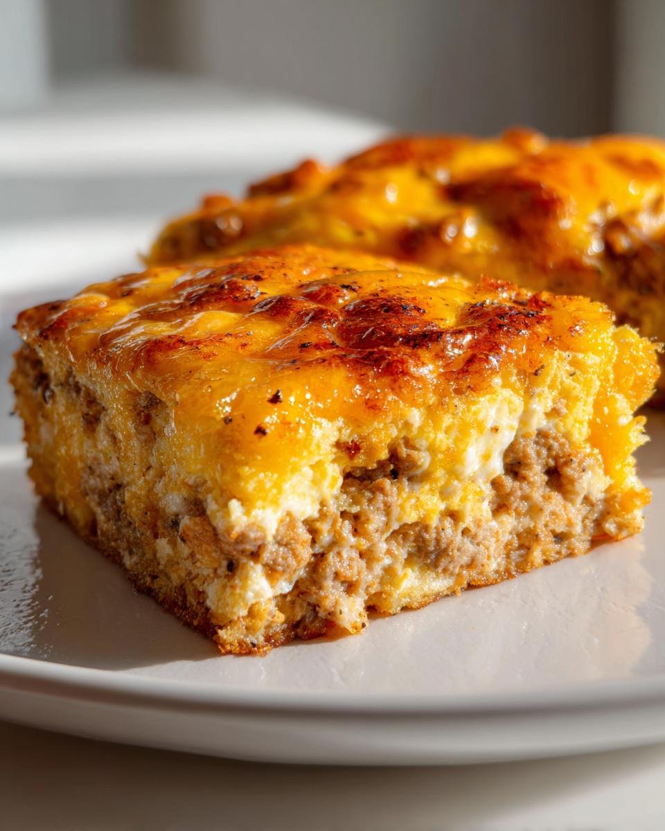A close-up of a square slice of savory Egg Bake with browned cheese topping and a thick layer of sausage filling.