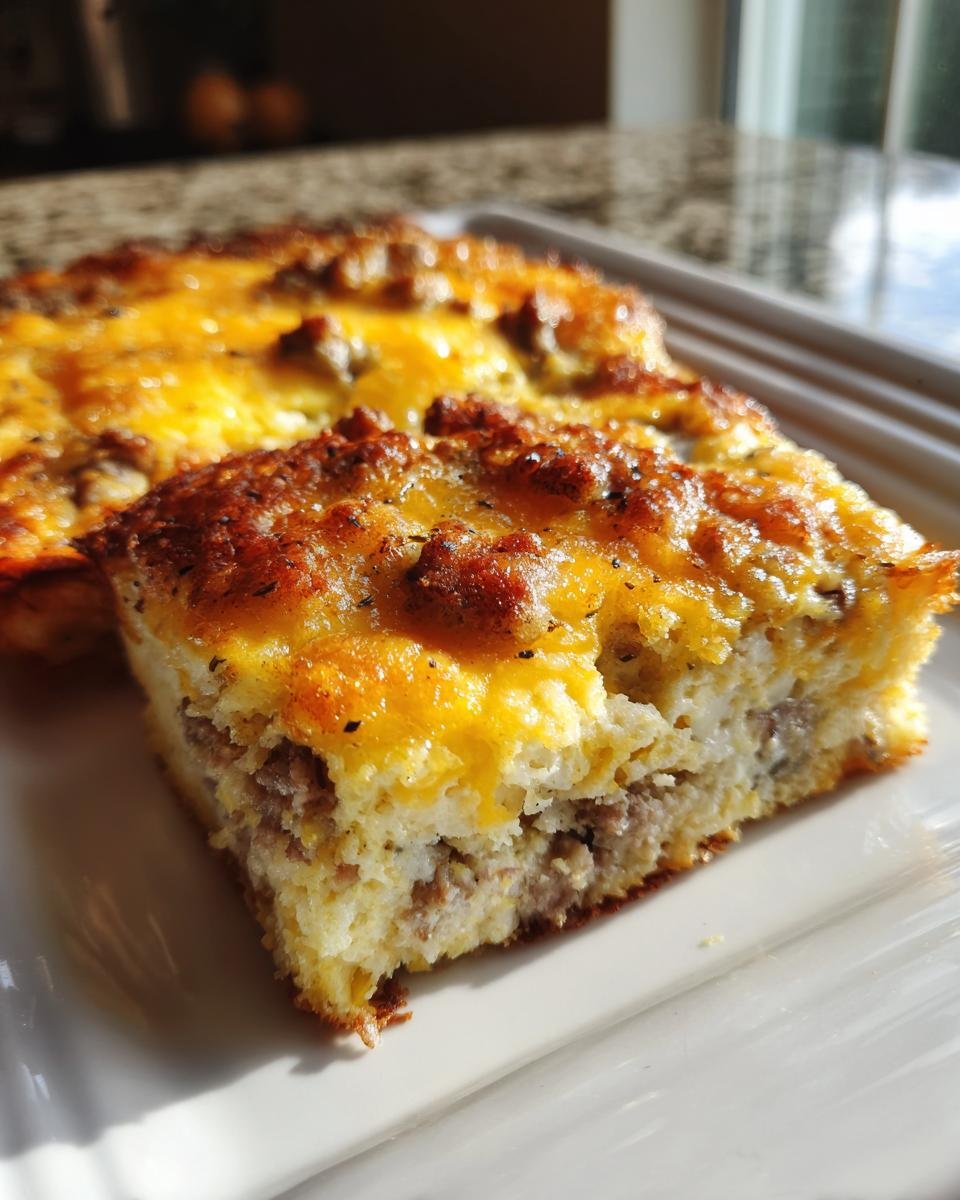 Close-up of a hearty slice of 12-Egg Bake featuring layers of fluffy egg, sausage, and melted cheddar cheese topping.