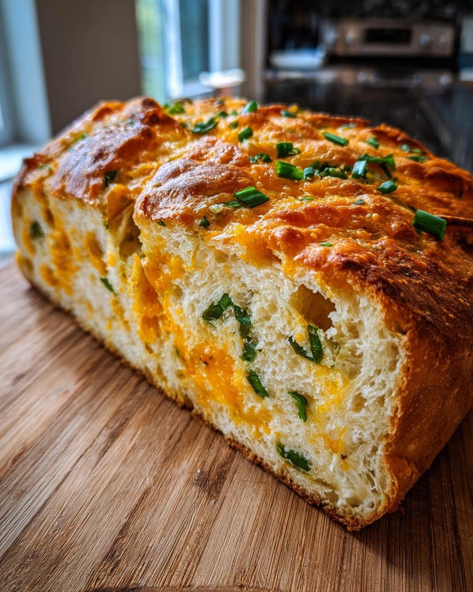 A close-up of a loaf of Amazing Jalapeno Cheddar Bread, showing the fluffy interior filled with melted cheddar and green chives/jalapenos.