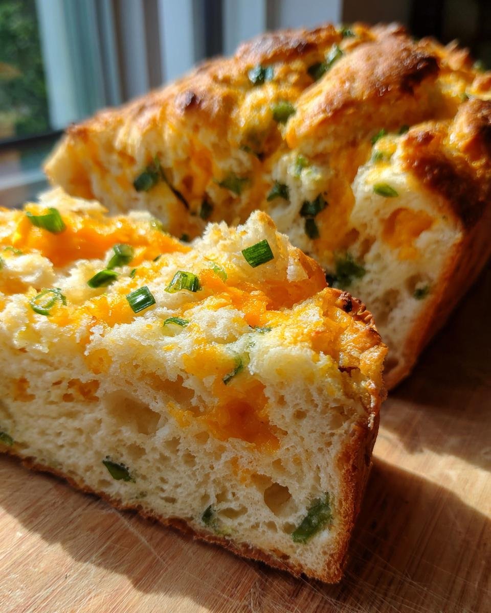 Close-up of a thick slice of freshly baked Jalapeno Cheddar Bread showing melted cheddar and green onions.