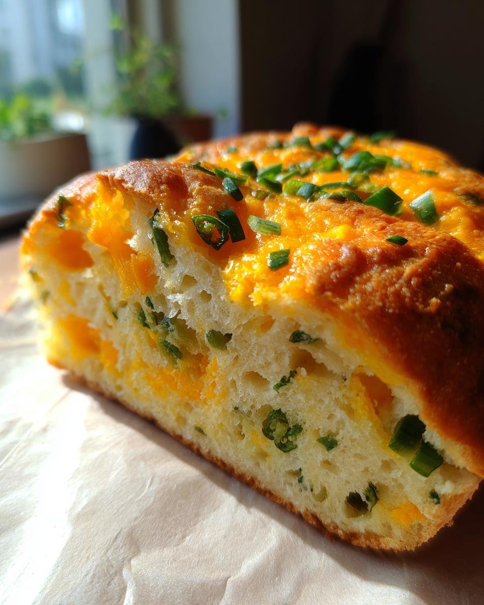 Cross-section view of amazing Jalapeno Cheddar Bread showing melted cheese and green jalapeno pieces inside a soft crumb.