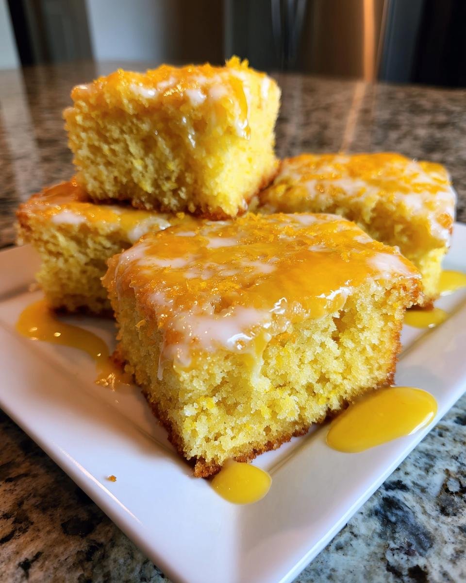 Four squares of moist Orange Soda Cake stacked and drizzled with white and orange glaze on a white plate.