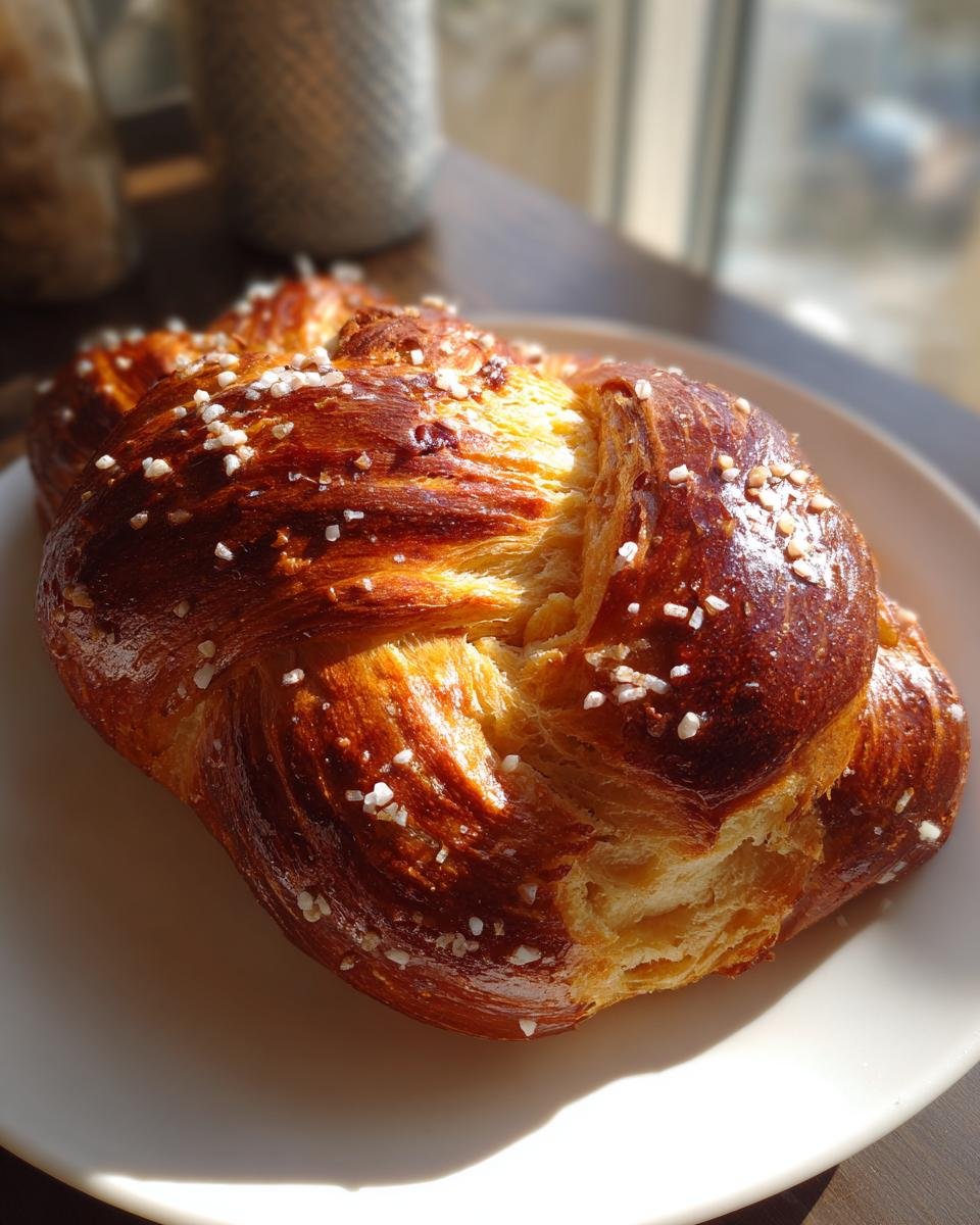 Close-up of a freshly baked, braided Pretzel Bread with a deep brown, shiny crust and coarse salt crystals.