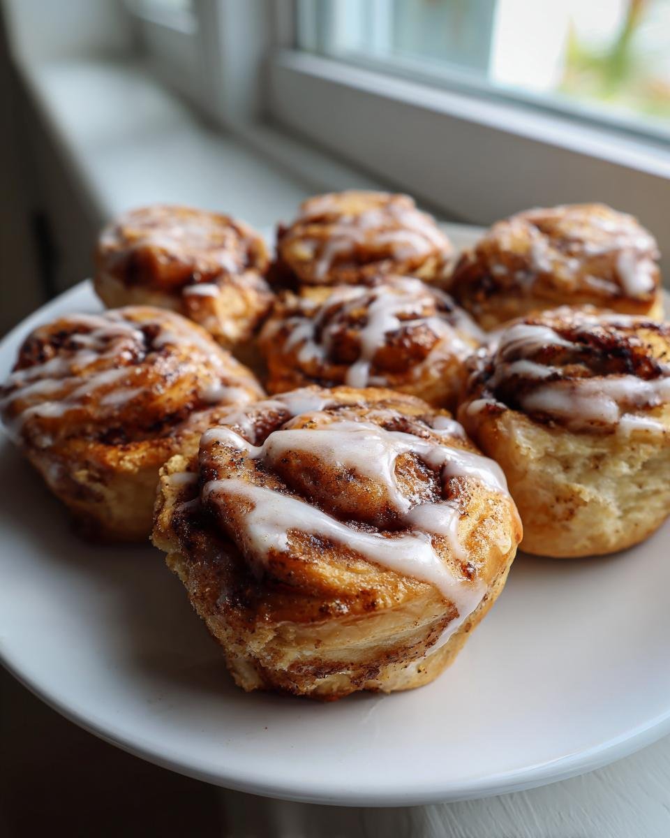 A plate of freshly baked Spooky Cinnamon Rolls drizzled with white icing, set near a bright window.