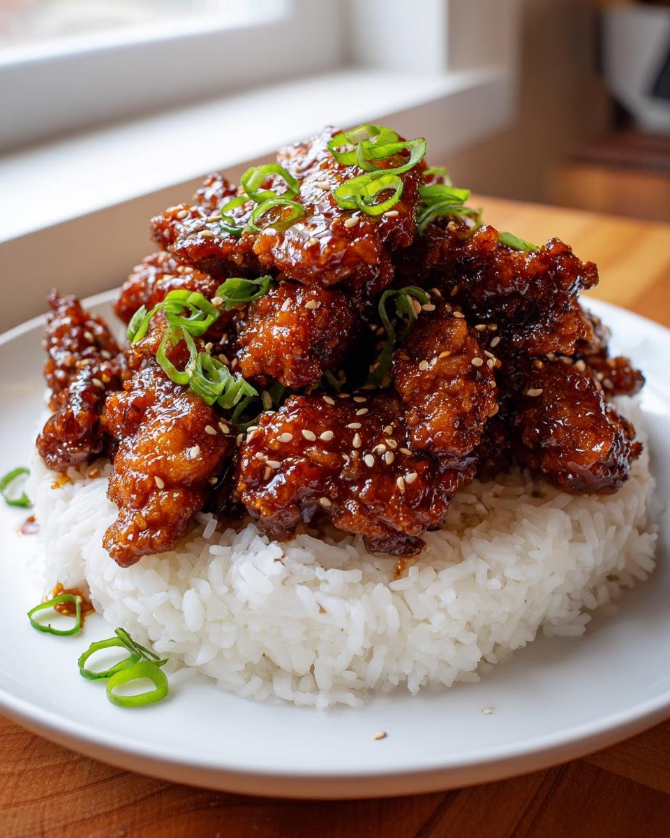 A mound of crispy, glazed Teriyaki Chicken and Rice topped with sesame seeds and sliced green onions.