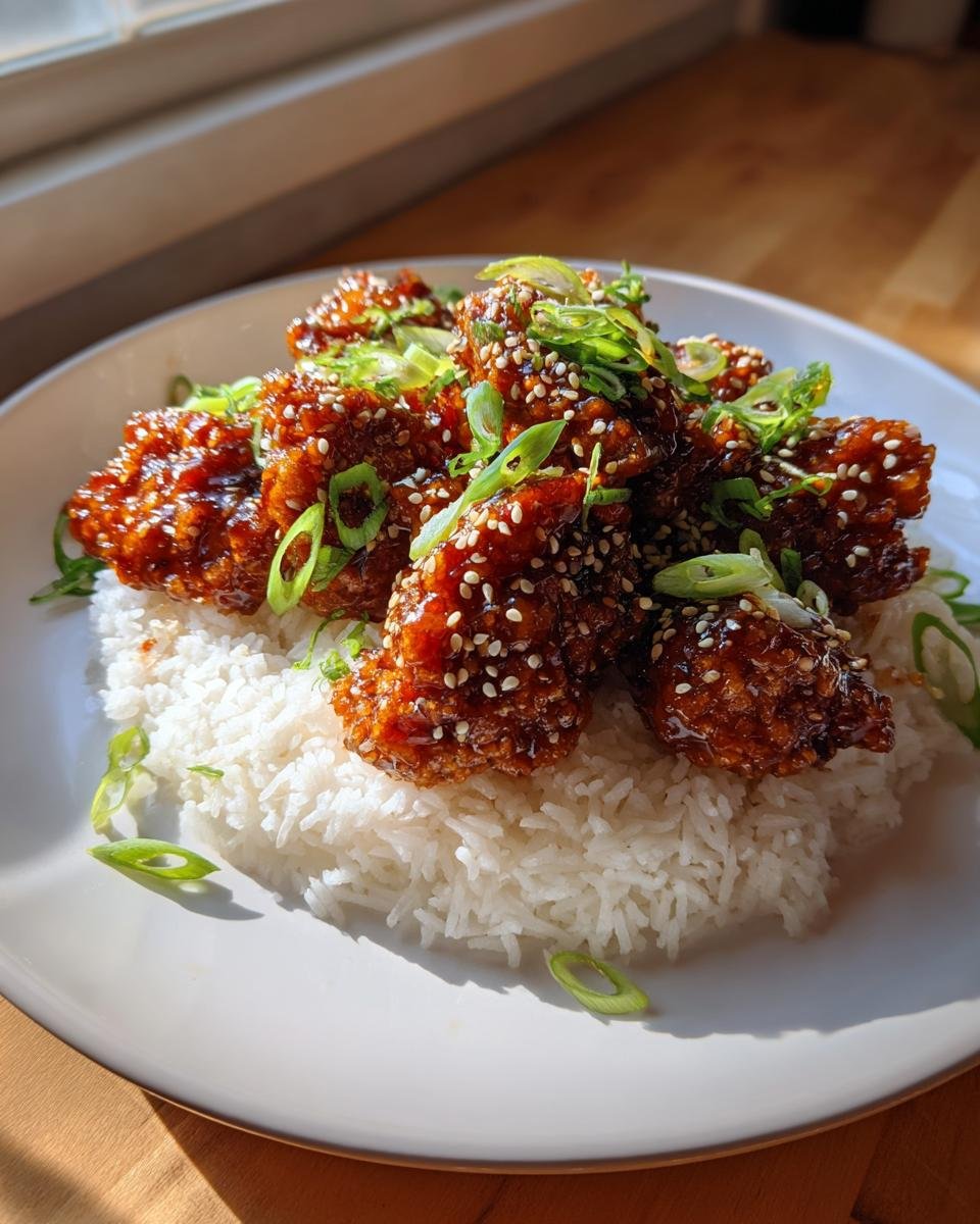Glazed pieces of Teriyaki Chicken And Rice topped with sesame seeds and green onions.
