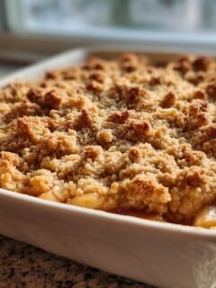 Close-up of a freshly baked Apple Crumble in a white dish with a perfectly golden, crunchy topping.