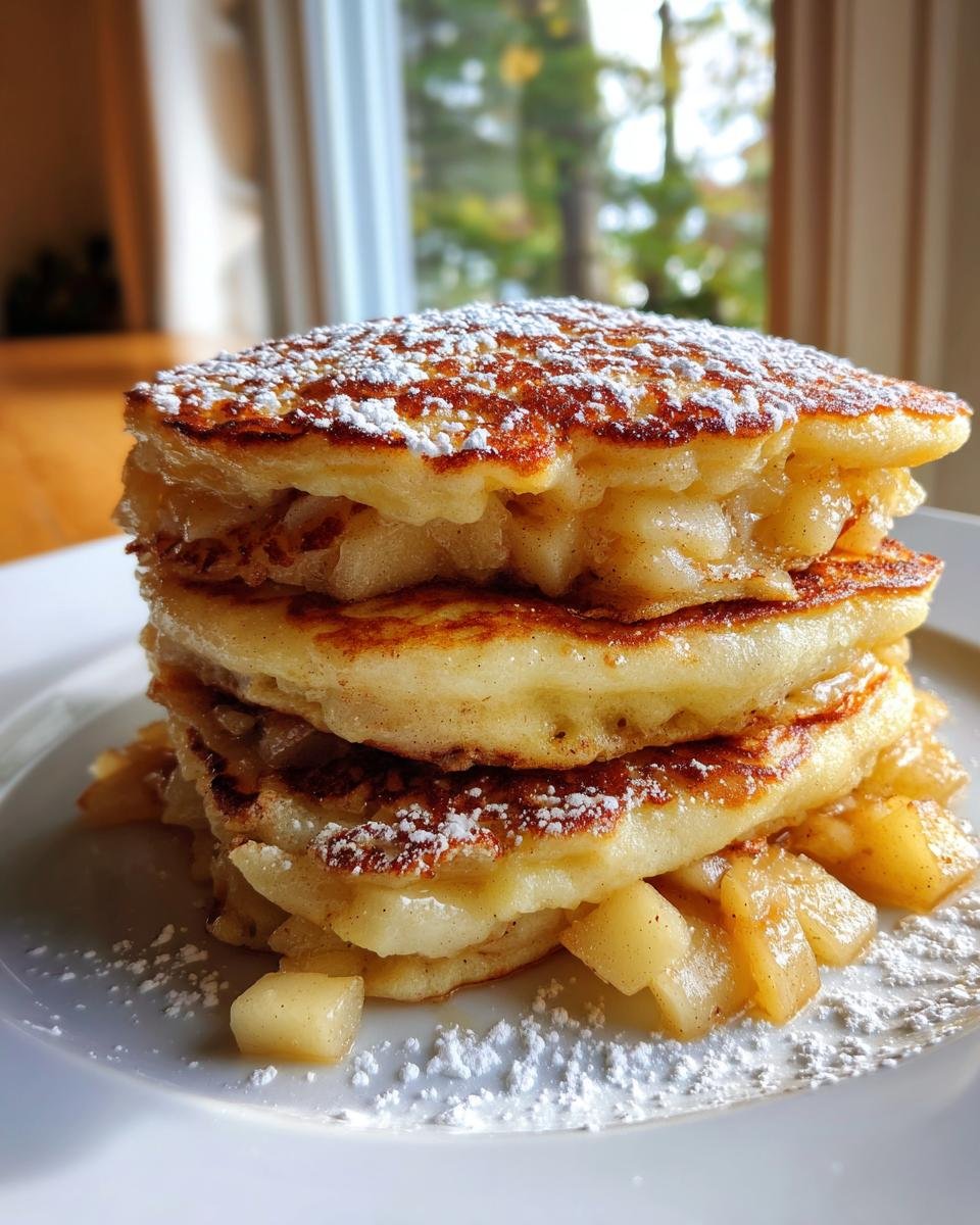 A tall stack of fluffy Apple Pie Pancakes filled with cinnamon apples and dusted with powdered sugar.